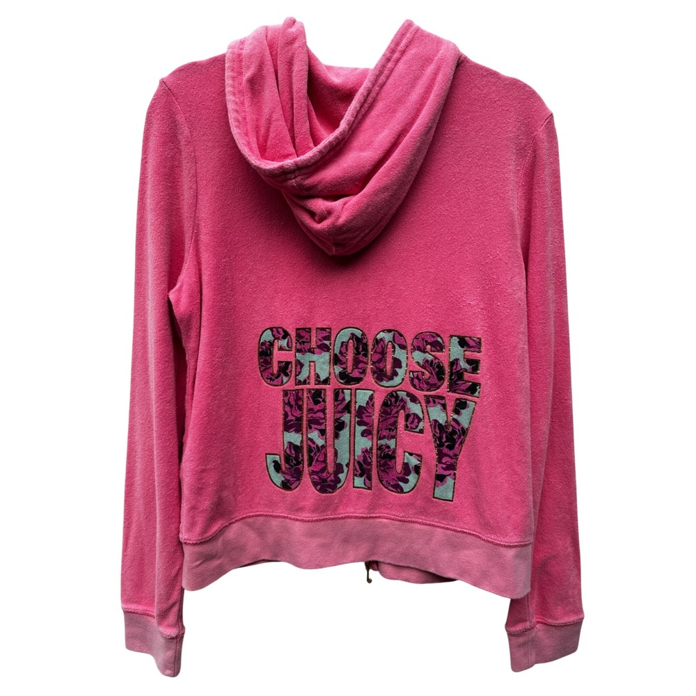 Juicy Couture Pink Terry Cloth Zip Up Hoodie Choose Juicy Floral Back XL